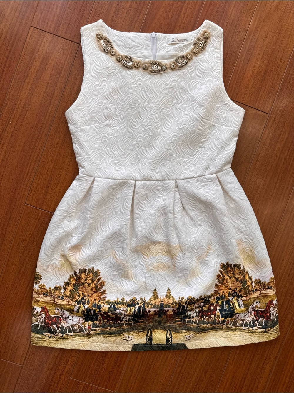 Cream Embroidered Border-Print Womens Dress